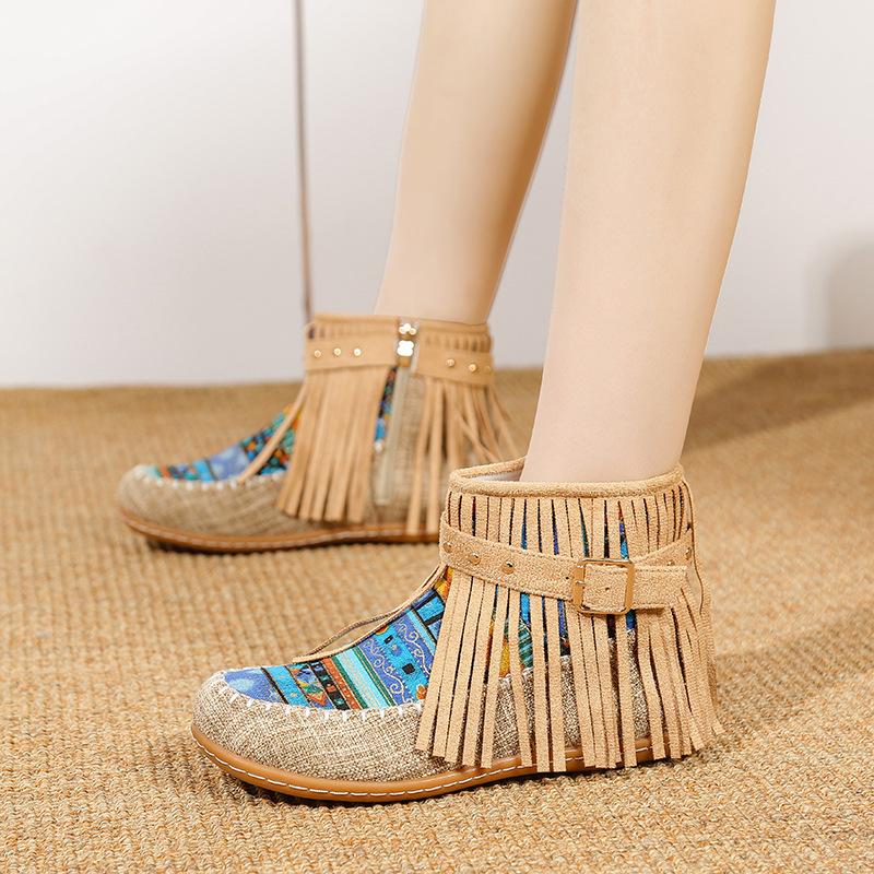 Fashion 2025 Autum Retro Bohemia Women Tassels Round Toe Short Boots Winter Casual Flat Rivet Buckle Flat Suede Ankle Boots Warm Shoes