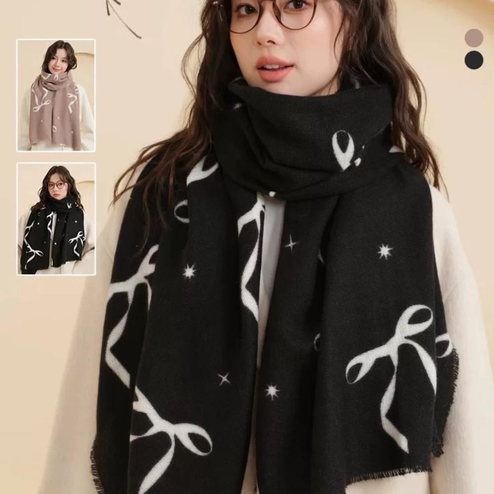Printed Bow Wool Scarf Thicken Women Cashmere Shawl Temperament Winter Cashmere Scarves Female