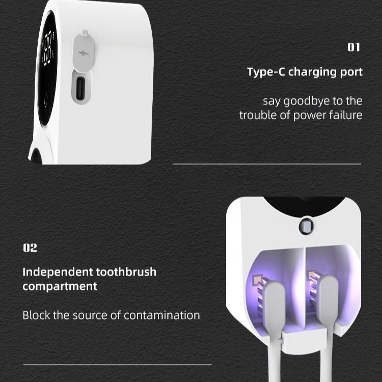 Smart Toothbrush Sanitizer Air Dryer with LED Screen USB-Powered Wall-Mounted Dental Device 24H Automatic Operation
