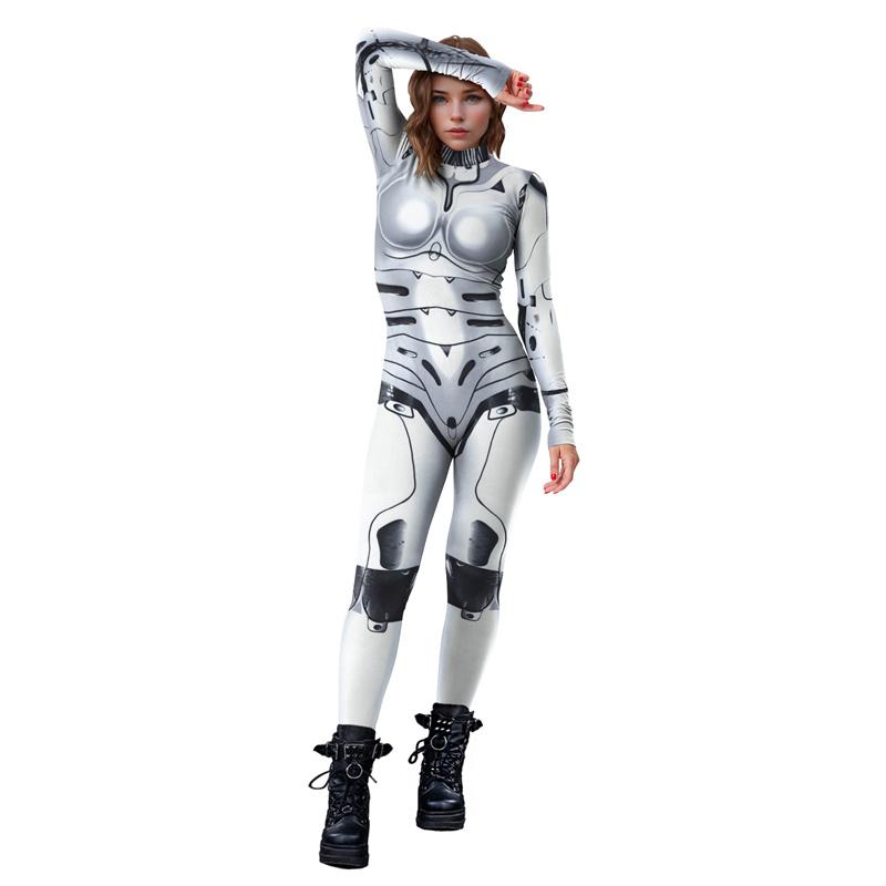 Damen Rollkragen Simulation 3D-Druck Roboter Reißverschluss Bodysuit Ganzkörper-Bodysuit Halloween-Kostüm Strampler Langarm
