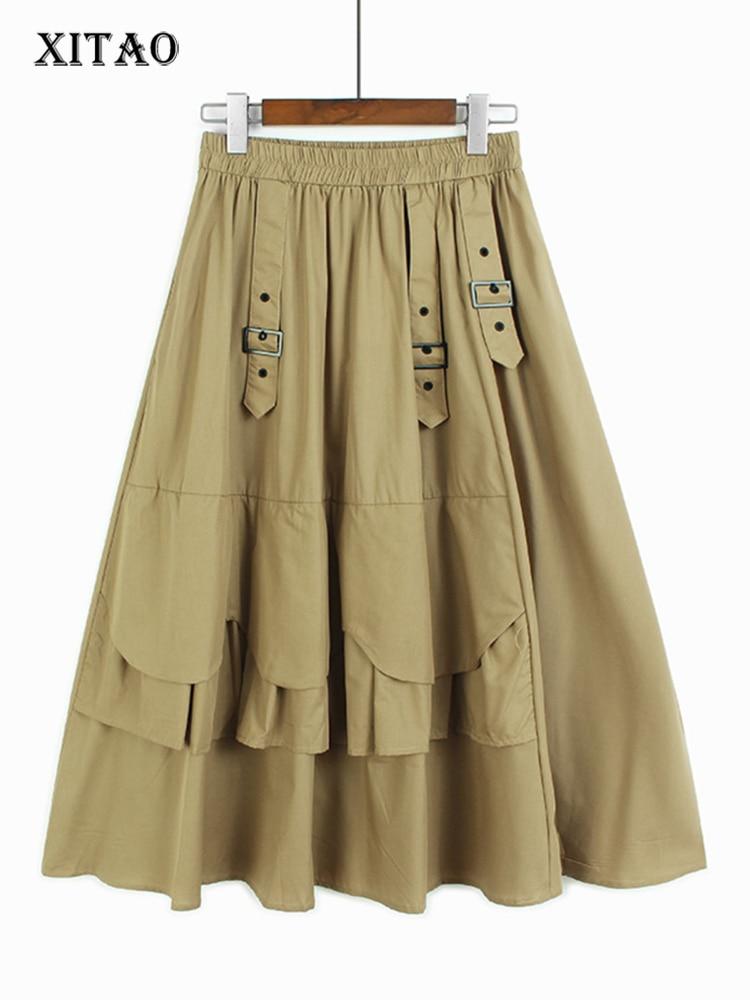 

XITAO Эластичная юбка на талии Модная плиссированная Богиня Однотонная Юбка WLD11189