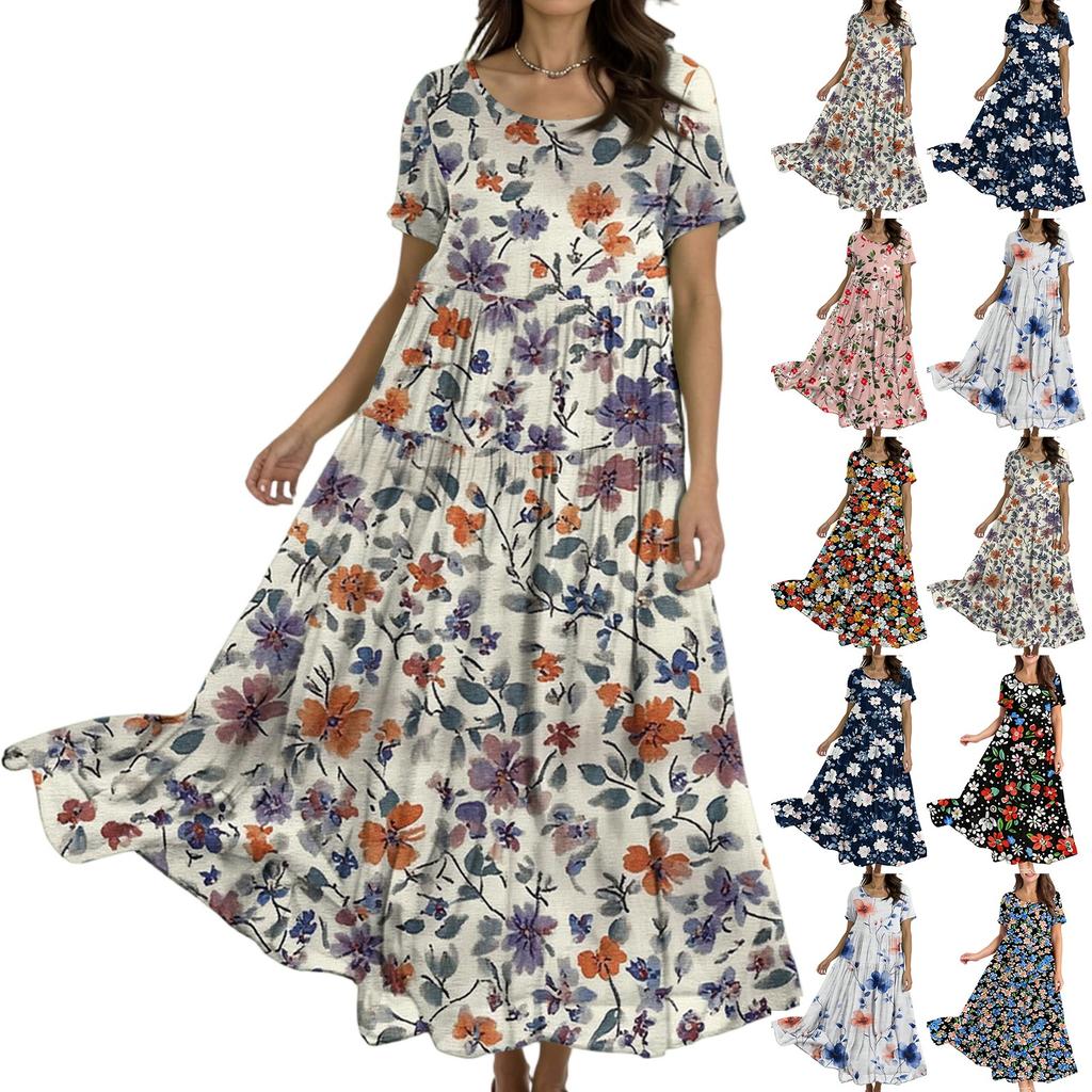 Women's Casual Loose Bohemian Floral Print Short Sleeve Dress