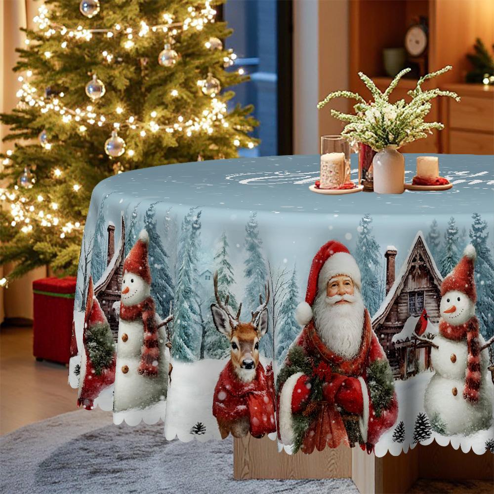Christmas Blue Tablecloth, Santa Claus Snowman Elk Snow Scene, Table Decoration, Home Fabric, Party Arrangement