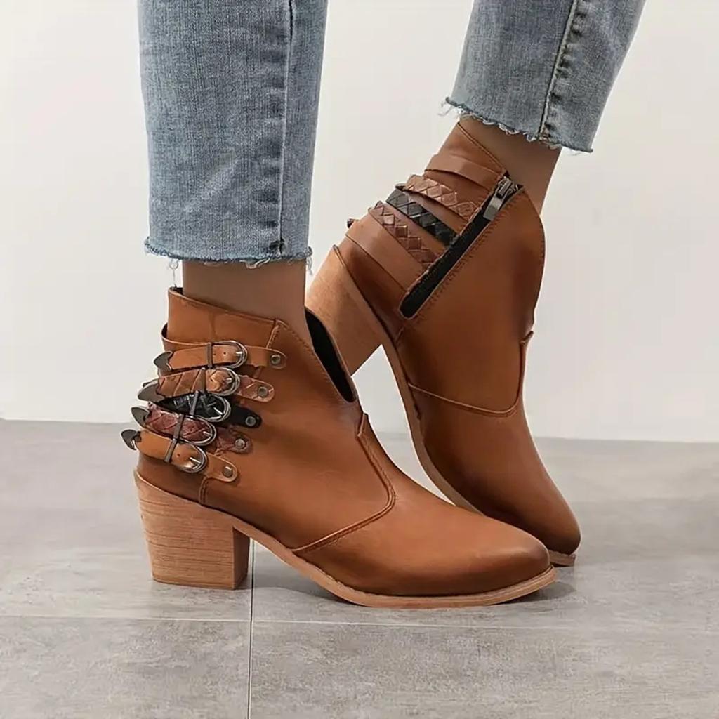 Fünf Riemen Große Größe Damen Kurzstiefel Europäisch Und Spitz Dicke Ferse Kurzer Schaft Seitenreißverschluss Leder Stickerei Stiefel Damen