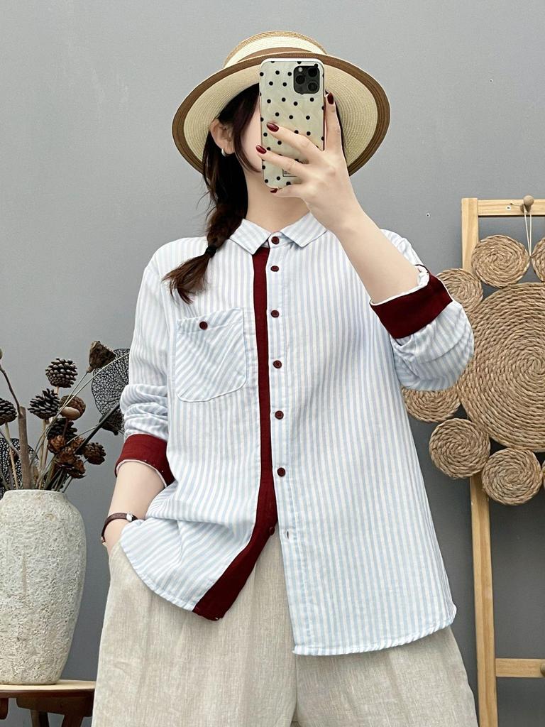 Women's French Retro Vertical Stripe Shirt - Double Layer Cotton Gauze, Long Sleeve, Spring/Autumn 2026