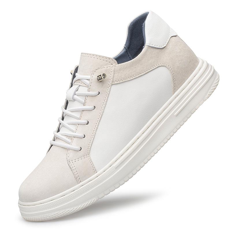 Men s Summer Invisible Height-Increasing Matte White Shoes, Cowhide Upper, 8CM Lift Size 43