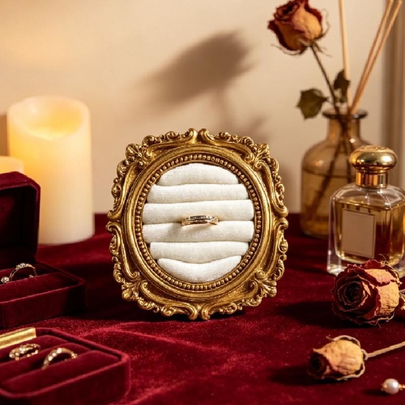 Ornate Ring Holder Display with a Round Padded Layout for Jewelry Counters, Livestreams, and Product Photography