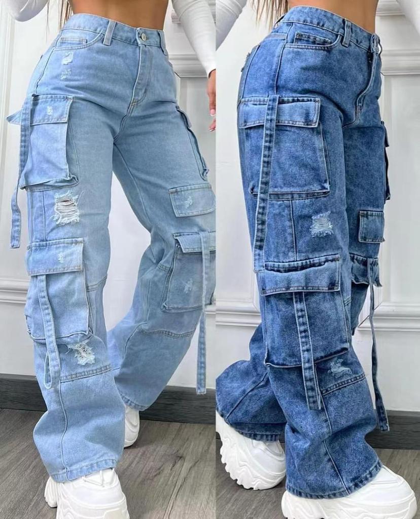 Women's Plus Size High Waist Multi-Pocket Casual Denim Workwear Pants