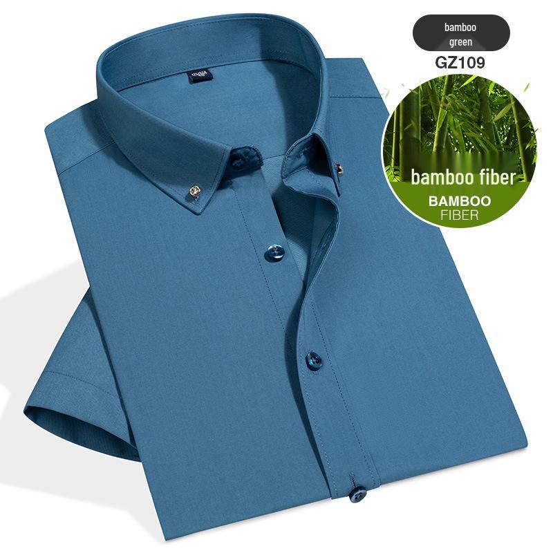 Korean Style Men's Bamboo Fiber Stretch Non-Iron Solid Color Short-Sleeve Business Shirt