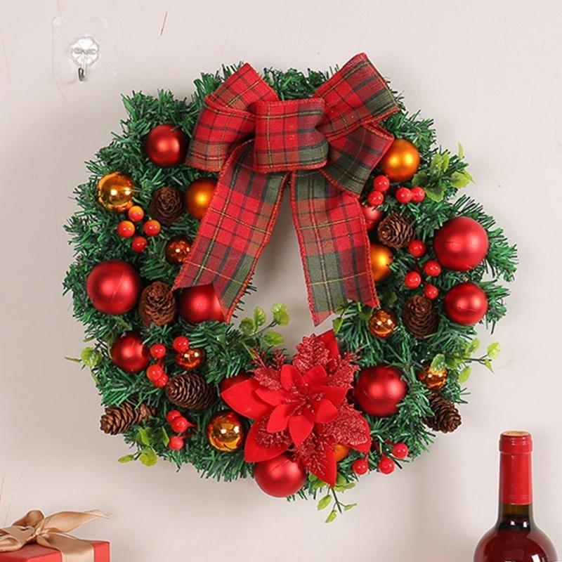 16Inch Christmas Wreath for Front Door Window Wall Door Decorations Flower Bowknot Red Berries Ornament Hanging Garlands X3UC
