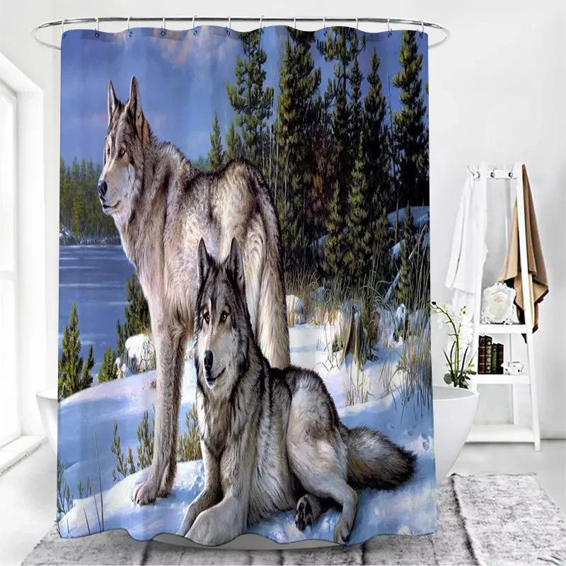 Nordic Wolf Pattern Shower Curtains Animals Tiger Bath Curtain High Quality Waterproof Polyester For Bathroom With 12Pcs Hooks
