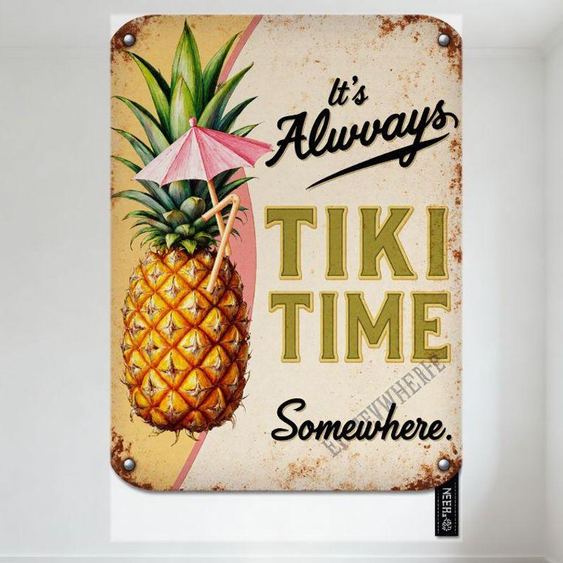 

Вінтажний іржавий металевий жестяний знак Tiki Time , Ананас з рожевою парасолькою, Тропічна настінна табличка для Тікі-бару, Декор для дому та саду 20x30cm（7.8x11.8inch）