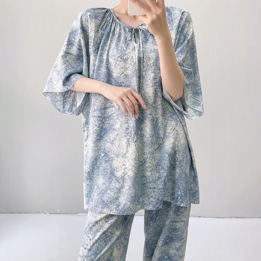 1011 new short-sleeved cotton and silk pajamas for women's summer thin printing loose and relaxed loungewear suit