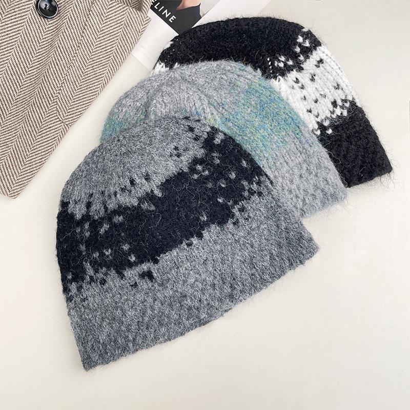 Contrast color plaid knitted fisherman's hat Children's autumn and winter thickened warm wool hat Versatile washbasin hat