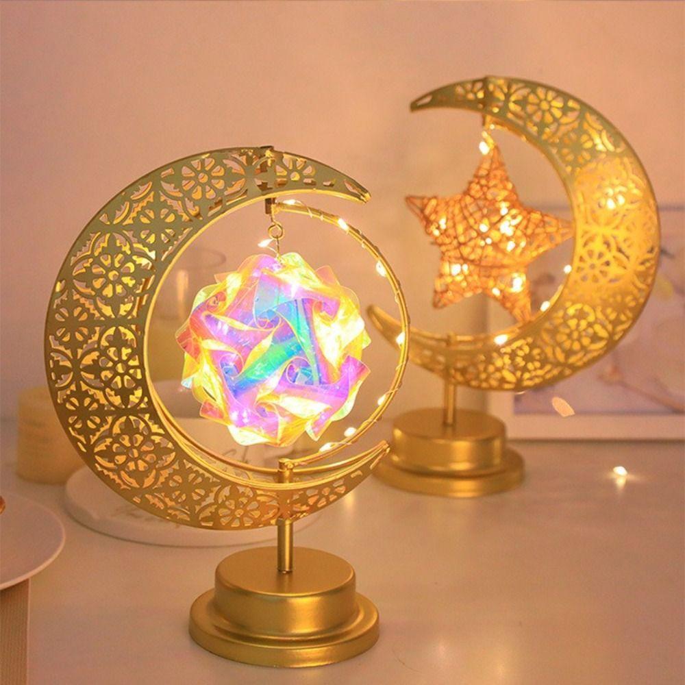 Metal LED Moon Lamp Elegant Rotating Design Ramadan Desk Lamp Crescent Moon Golden Finish Night Light Middle Eastern Party