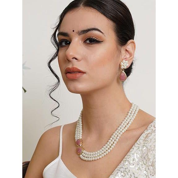 Pink Stone Studded Pearl Kundan Necklace Set for Women…