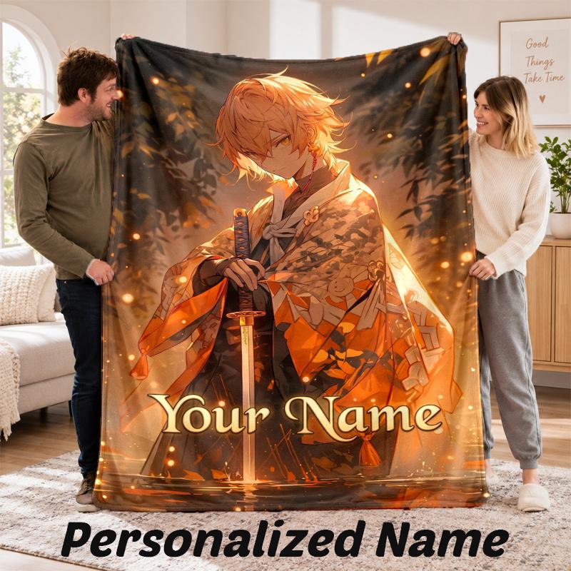 Custom Name Zenitsu Agatsuma Flannel Throw Blanket Personalized Text Soft Blanket Bed Sofa Gift