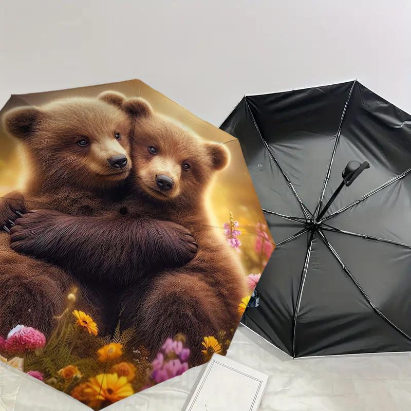 1pc Bear Cubs in Flowers Umbrella with Plastic Handle,Suitable for All Seasons Home Travel Outdoor UmbrellaDD285