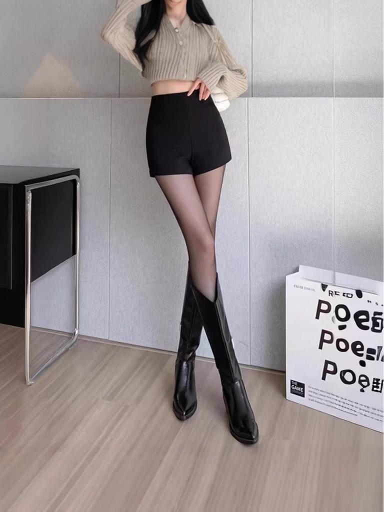 Women's Black Elastic High-Waisted Fleece-Lined Shorts - Slimming, Wide-Leg, Thick, Small Size, Autumn/Winter 2024 Collection