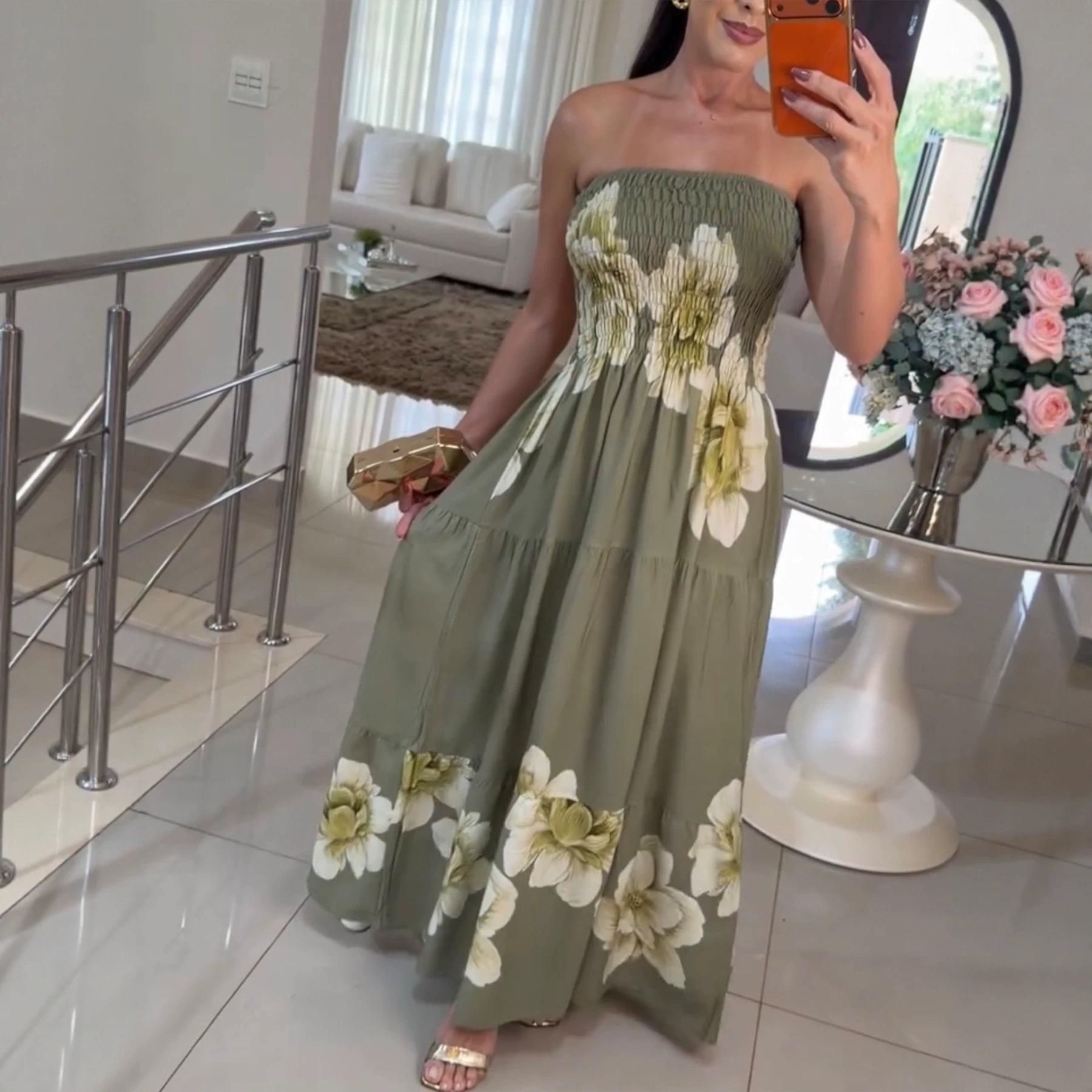 Womens Strapless Floral Print Holiday High Waist Long Maxi Dress S