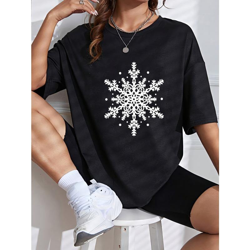 White T-Shirt With Snowflake Print For Winter Casual Wear