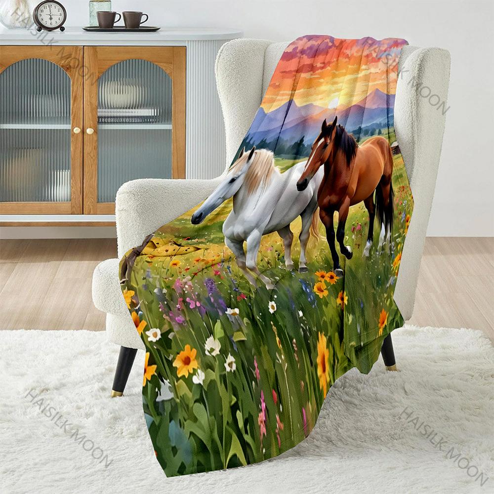 Multi-Sizes Two Horses At Sunset Print Blanket Warm Soft for Sofa Bed Home Travel Camping Blanket All Seasons Holiday Gifts