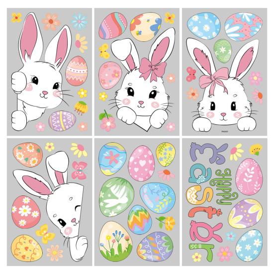 6 Sheets Easter Bunny Window Cling Removable Waterproof PVC Flower Colorful Egg Rabbit Static Glass Sticker Spring Easter Holiday Decoration Decal