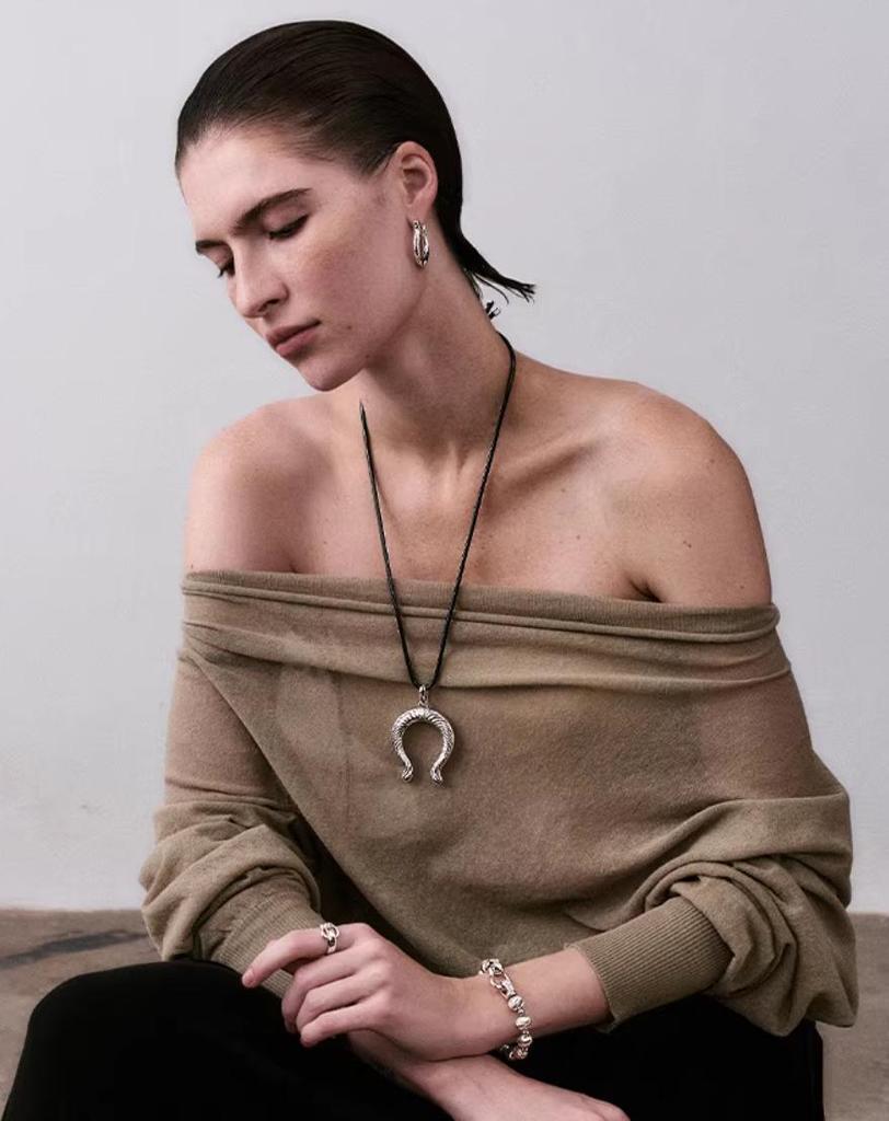 Industrial Chic Horseshoe Pendant Necklace with Black Wax Cord - Unique, Fashionable & Versatile Sweater Chain