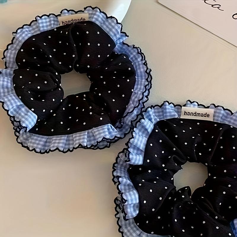 Elegant Blue & White Polka Dot Scrunchie with Lace Trim Sweet Style Fabric Hair Tie, Printed Design, Perfect for Stylish Hair Accessory