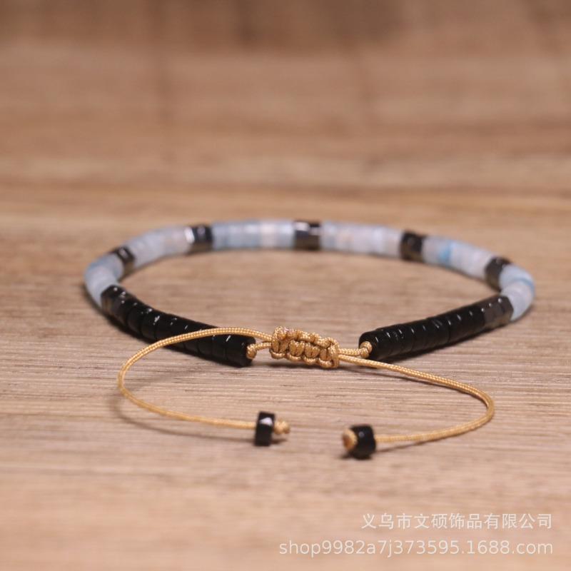 Aquamarine Hematite Square Bead Bracelet – Silver Accent Adjustable Boho Jewelry, Calm Clarity Gift for Men & Women