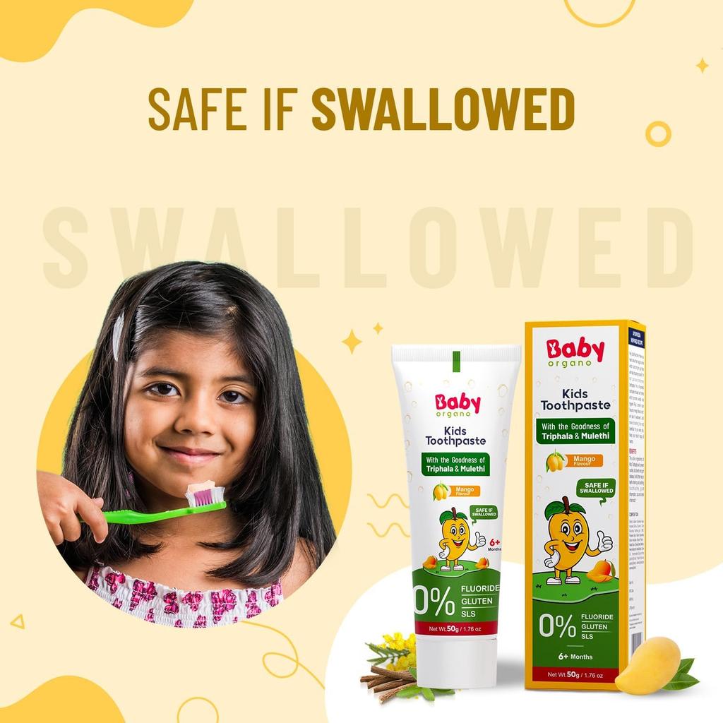 BabyOrgano® Herbal Toothpaste for Kids L 100% Ayurvedic L Non Gel Formula L Goodness of Babool and Mulethi L Mango Flavour- 50gm (Pack of 4)