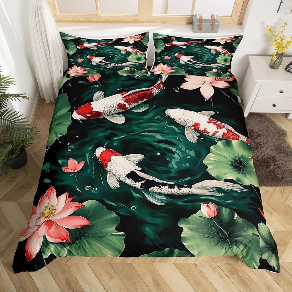Comforter Koi Fish Full Queen Japanese Cherry Blossom Tree Bedding Set Marine Sealife Comforter For Kids Teen Room Decor