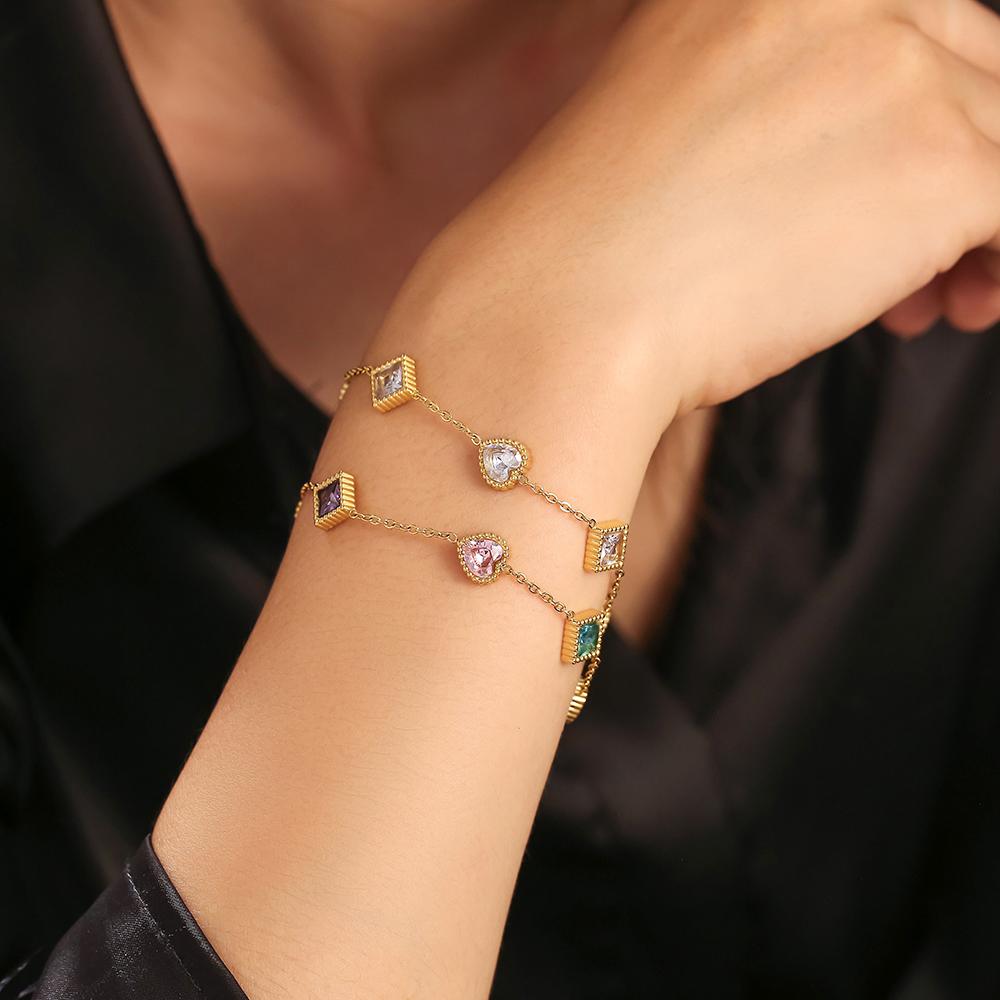 316L Stainless Steel Bracelet With Square And Heart Shape Zircon For Women No Tarnish Gold Silver Color Charm Women's Braccelets