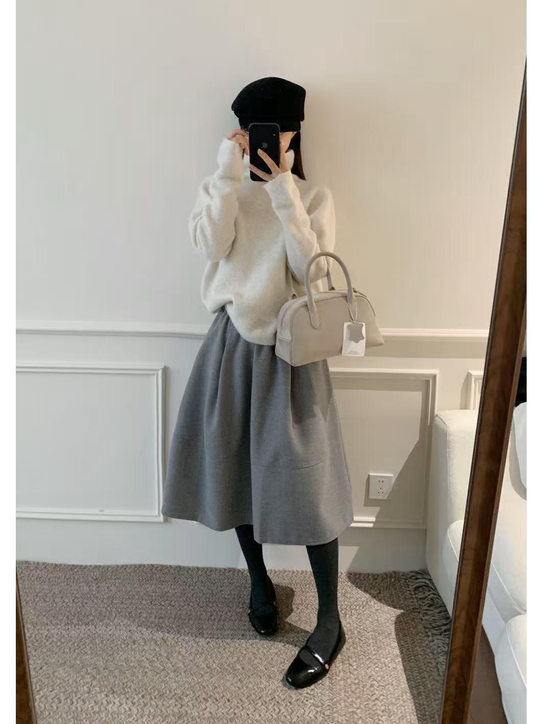 

Chic Korean Woolen A-Line Skirt with Pockets - Over-the-Knee, Thicker for Autumn/Winter, Versatile and Slimming Style. One Size светло-серый