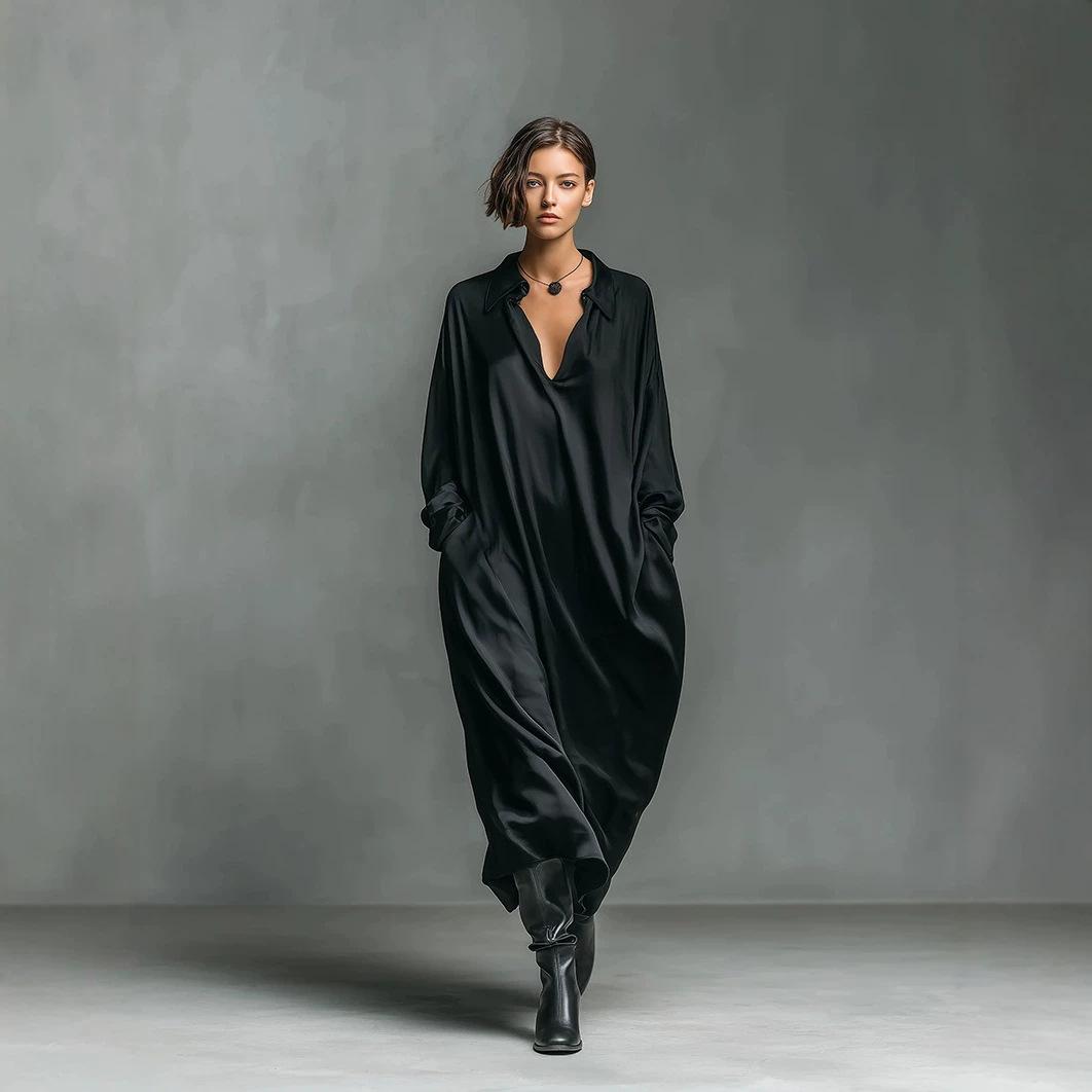 Women s Casual V-neck Solid-color Long-sleeved Dress S