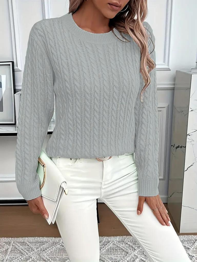 Women's Hot Pink Cable Knit Ribbed Crewneck Long Sleeve Sweater