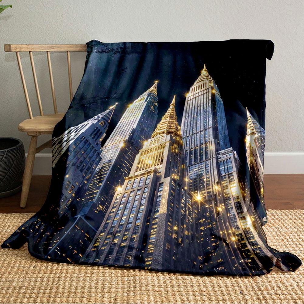 Illuminated Skyscrapers with Golden Spires Against a Starry Night Sky. for All Seasons Blanket Lunch Break Throw Gift
