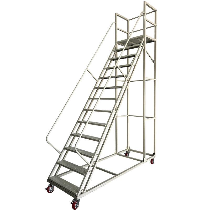 Wheeled Mobile Ladder with Guardrail, Anti-slip Platform for Safe Warehouse Stocking