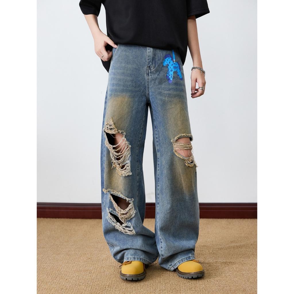 New American retro street style dirty dyed old ripped machete jeans loose wide-leg floor pants