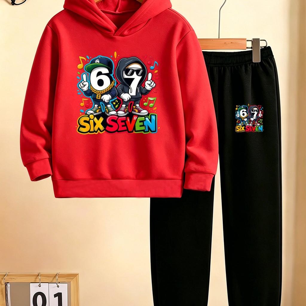 New autumn/winter 2-piece tracksuit set: hooded sweatshirt + long pants, featuring a Halloween-themed SIX SEVEN 67 print.