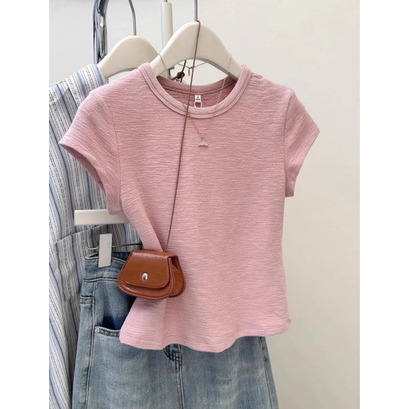 Milk blue texture Korean simple short-sleeved women's T-shirt summer slim-fitting and thin niche foreign style bottoming shirt top
