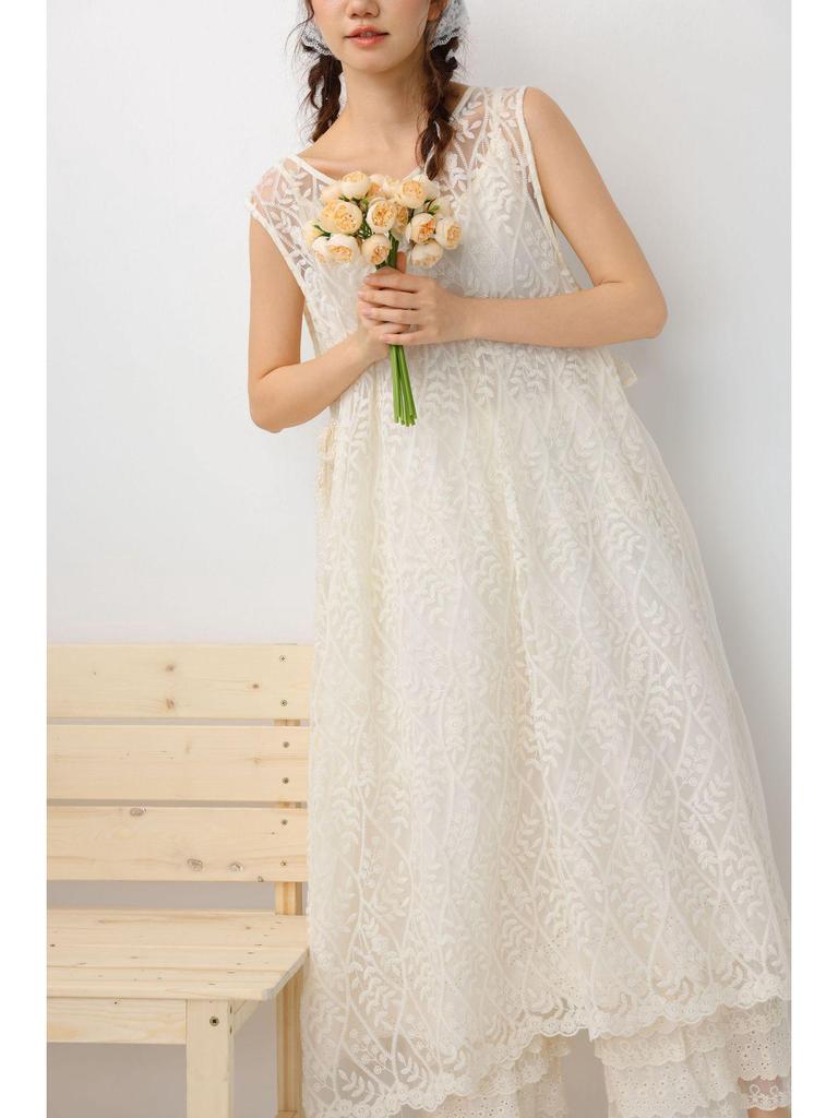 Sweet Mori Girl Embroidered Layered Vest Dress