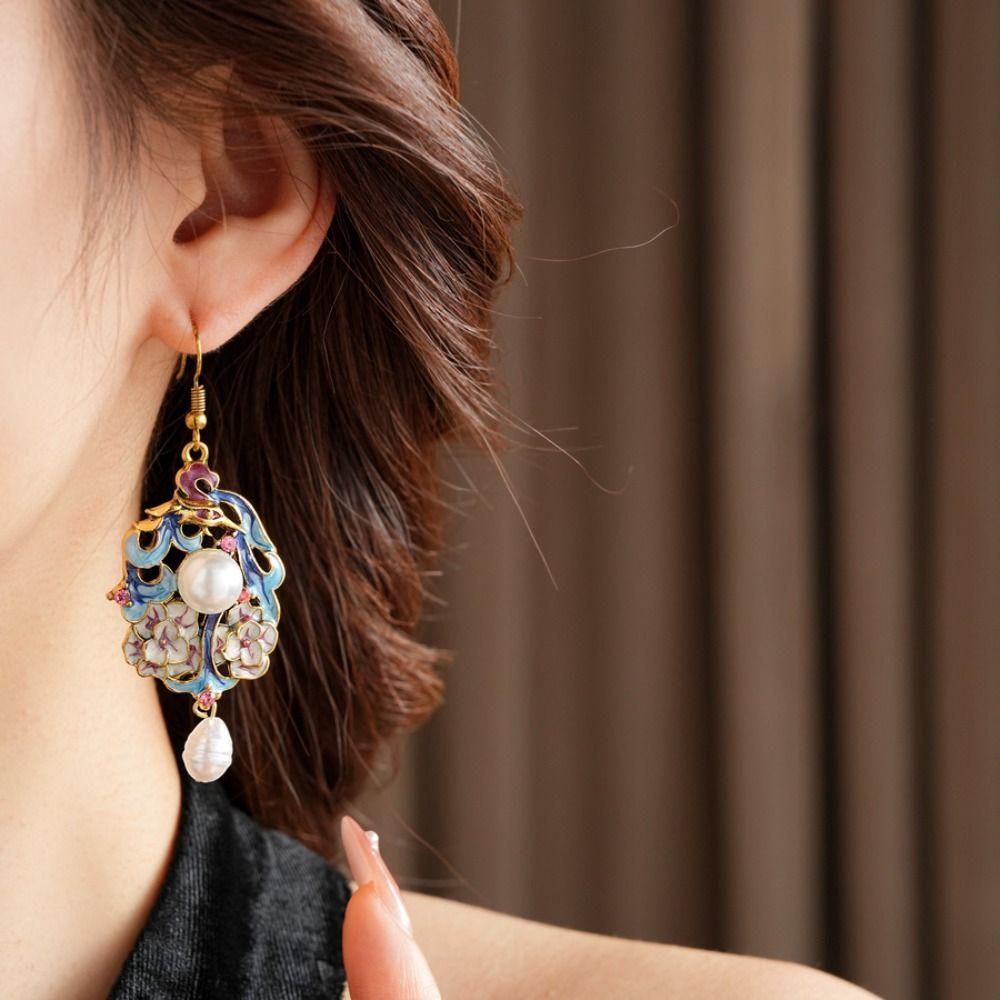 Exquisite Vintage Earrings Flower Chinese Style Earrings Retro Cloisonne Drop Earrings  Hanfu