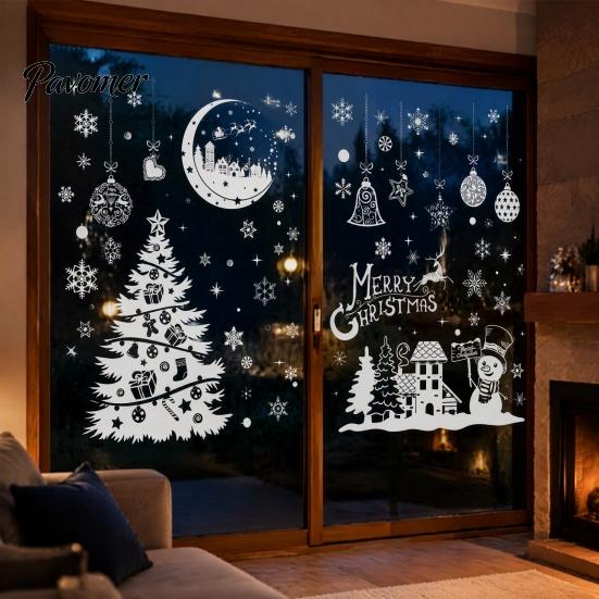 Waterproof Window Stickers 9Pcs Christmas Winter Cling, Snowman Snowflake Tree Static Glass Xmas Party Supplies Sticker, Removable Double-sided Decor