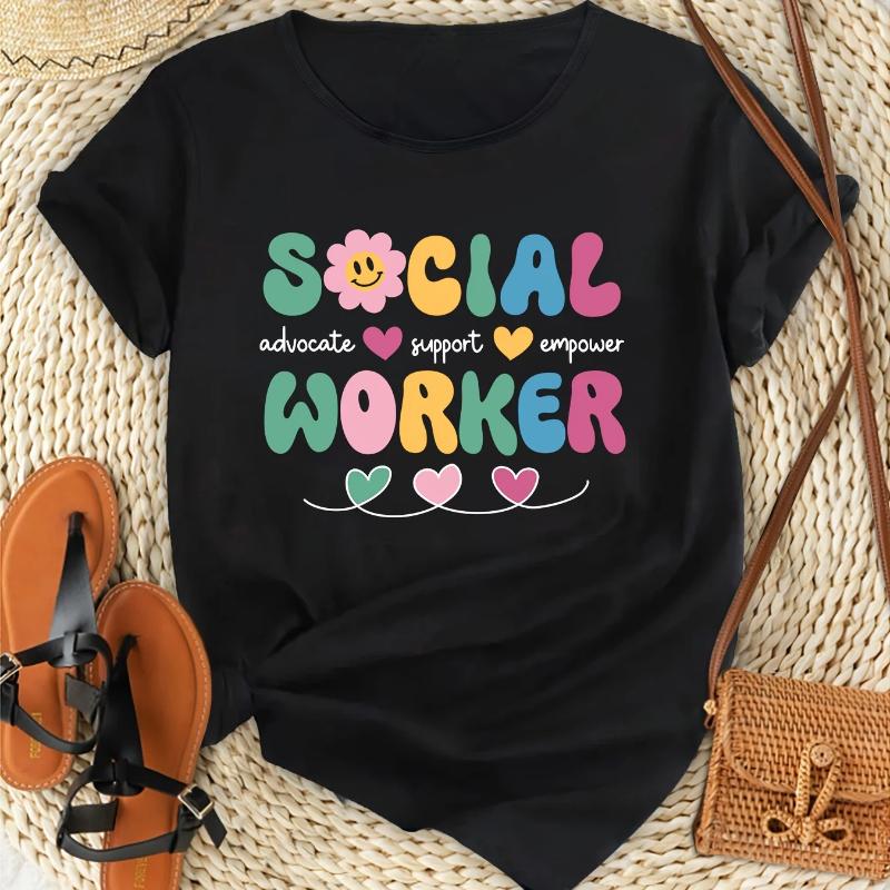 Women's Social Worker Print Comfort Fit Short Sleeve Fashion Breathable Casual Summer Short Sleeved Harajuku Streetwear Tops Tee