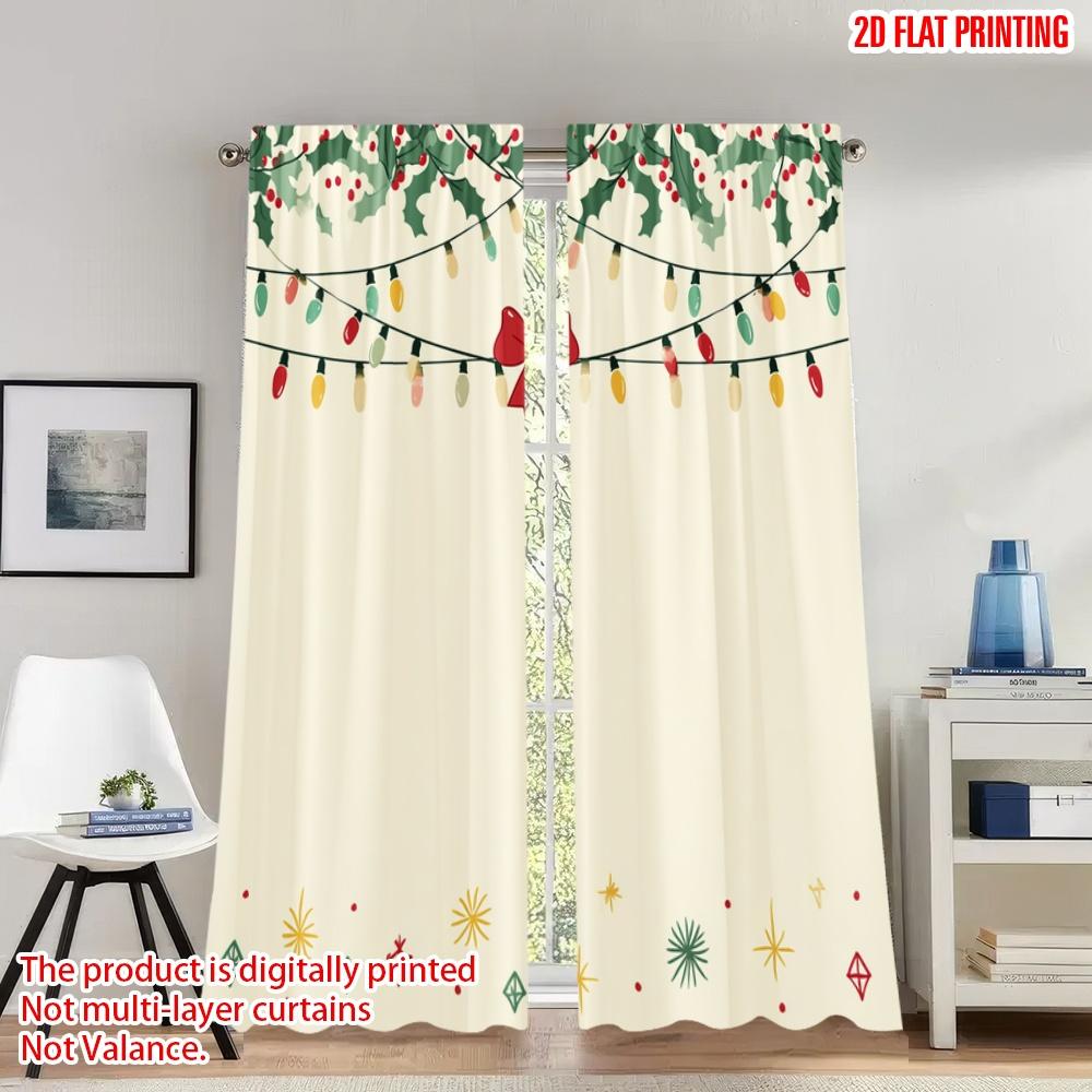 

Set Of 2 Flat Printing Christmas Hot Curtains Holly Garland Festive Digital Printed Polyester Drapes Family Party Curtain Made W100*H70(CM)-Hooks&2PCS