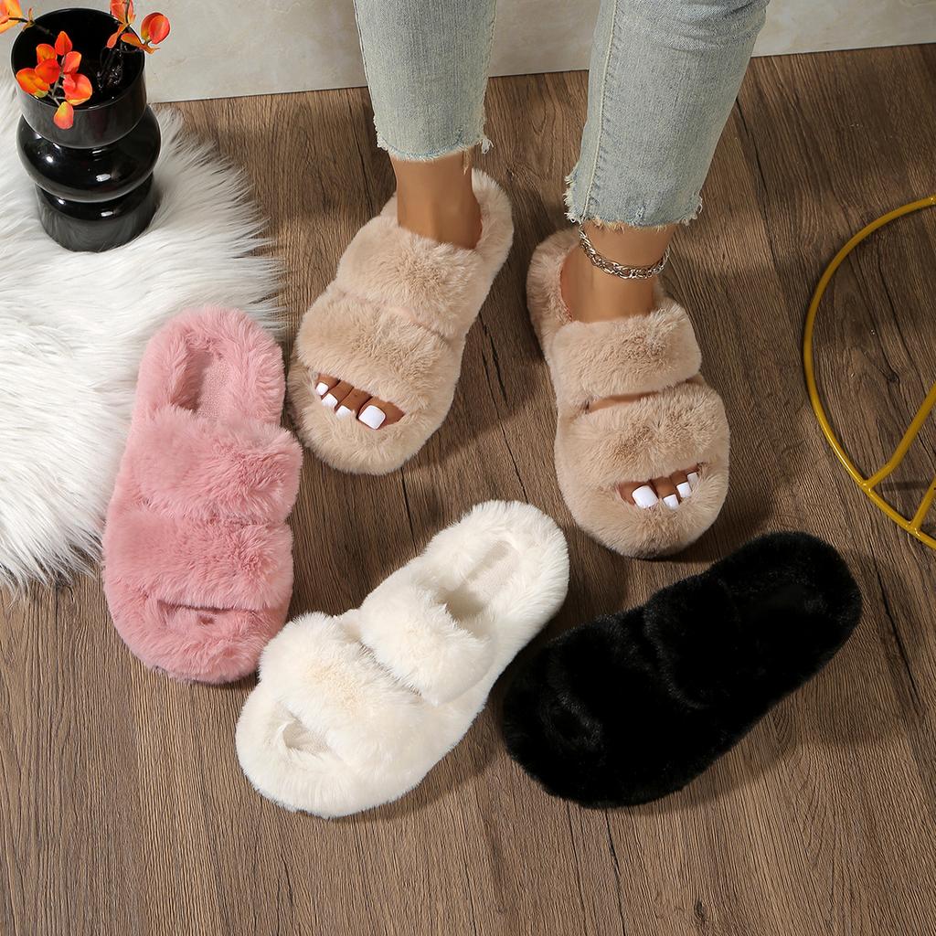 Fashion New Solid Color Women Winter House Furry Slippers Fluffy Fur Home Slides Flat Indoor Floor Shoes Ladies Comfortable Slides Women