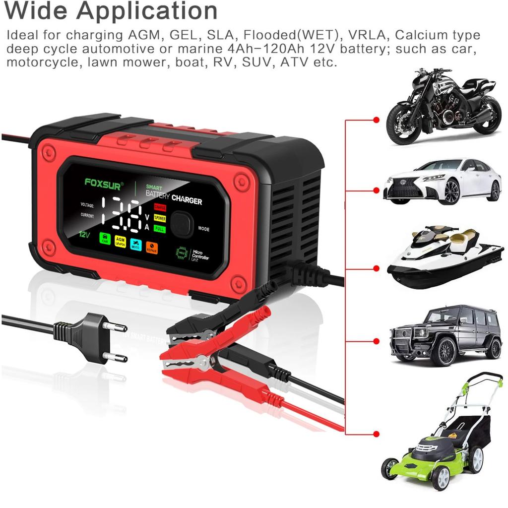 Smart Car Battery Charger for 12V 7A AGM GEL LiFePO4 Batteries Desulfator, Motocycle Fast Charging Maintainer with Repair