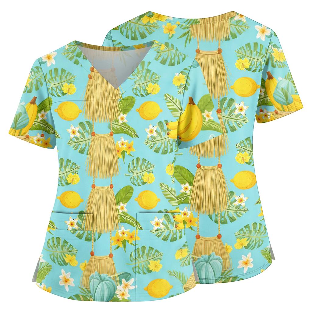 Women V Neck Medical Scrub Top Hawaiian Print Short Sleeve Side Slit Nursing Uniform Shirt with Front Pocket Comfortable Fit