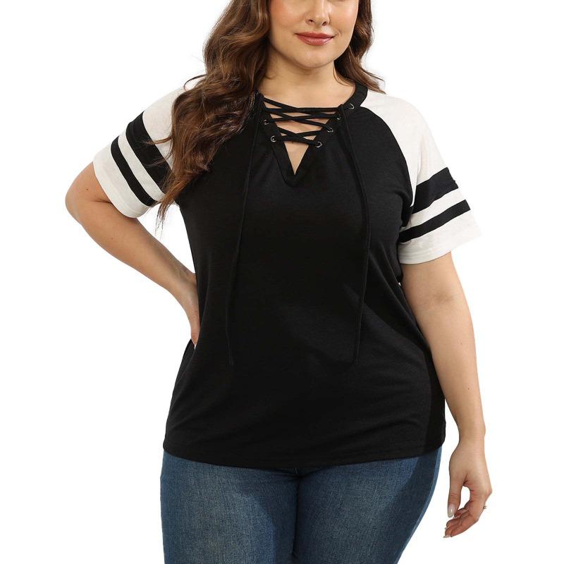 Damen Plus Size Sommer Kurzarm V-Ausschnitt Seil Patchwork Farbe T-Shirt